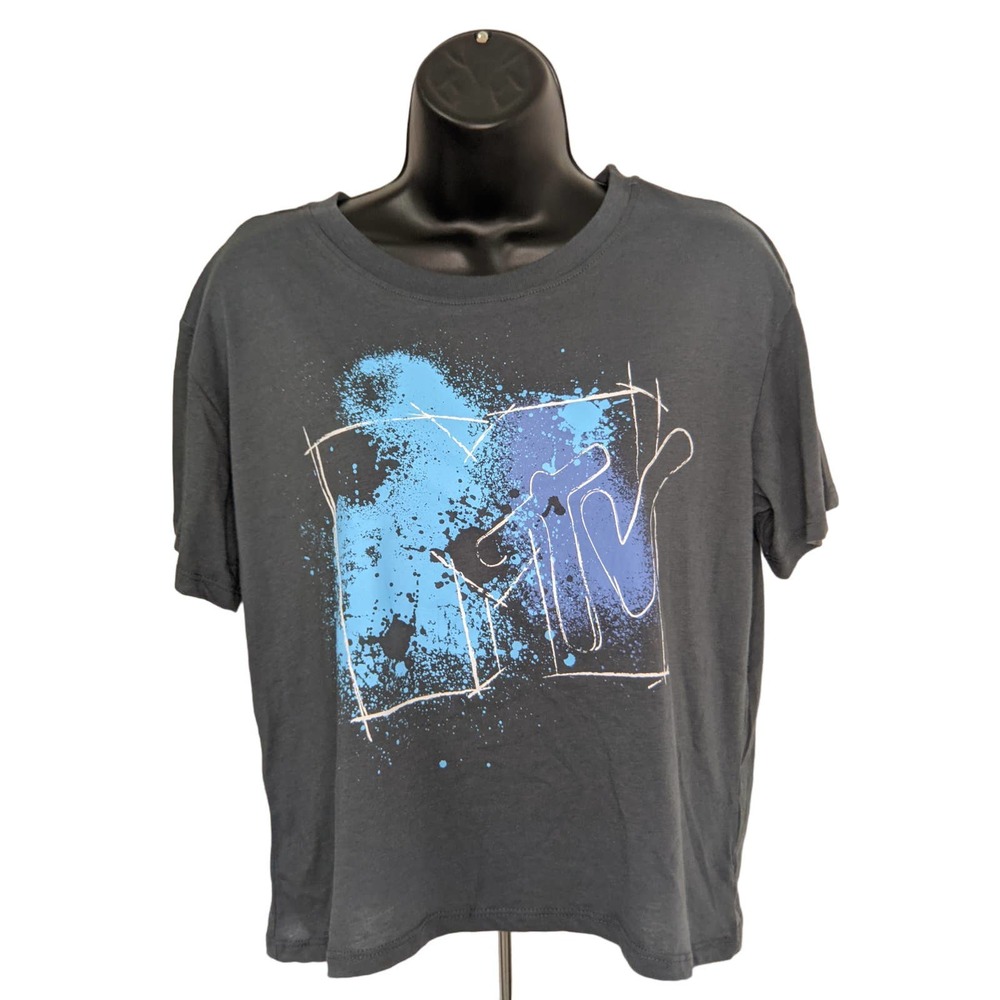 MTV Official Junior Splatter Paint Cropped TShirt Grey Blue White Print Sz L NEW